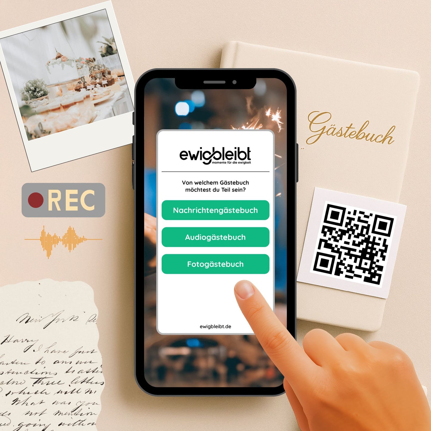 Vorschau des digitalen Gästebuchs von ewigbleibt auf dem Smartphone – Auswahl zwischen Nachrichten-, Audio- und Fotogästebuch