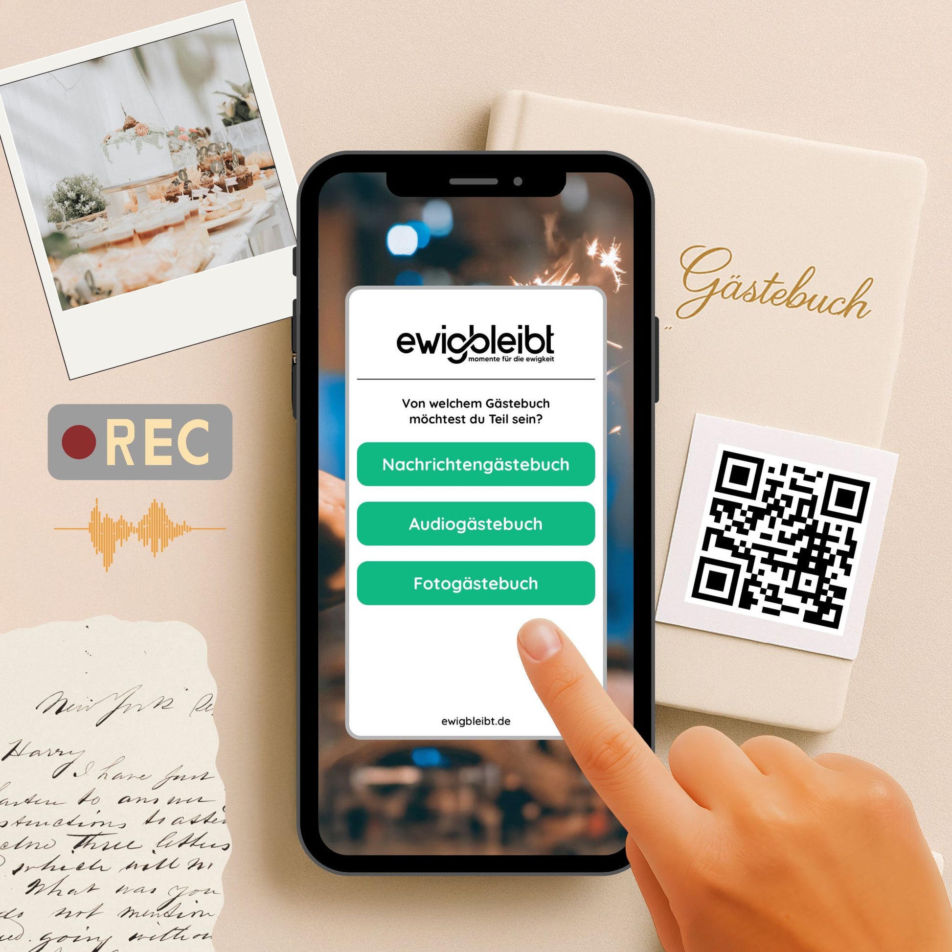 Vorschau des digitalen Gästebuchs von ewigbleibt auf dem Smartphone – Auswahl zwischen Nachrichten-, Audio- und Fotogästebuch
